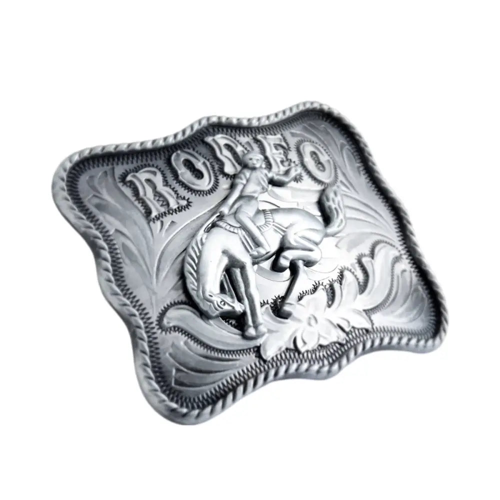 Aged Silver Metal Belt Buckle featuring a detailed Rodeo Design for Western fashion