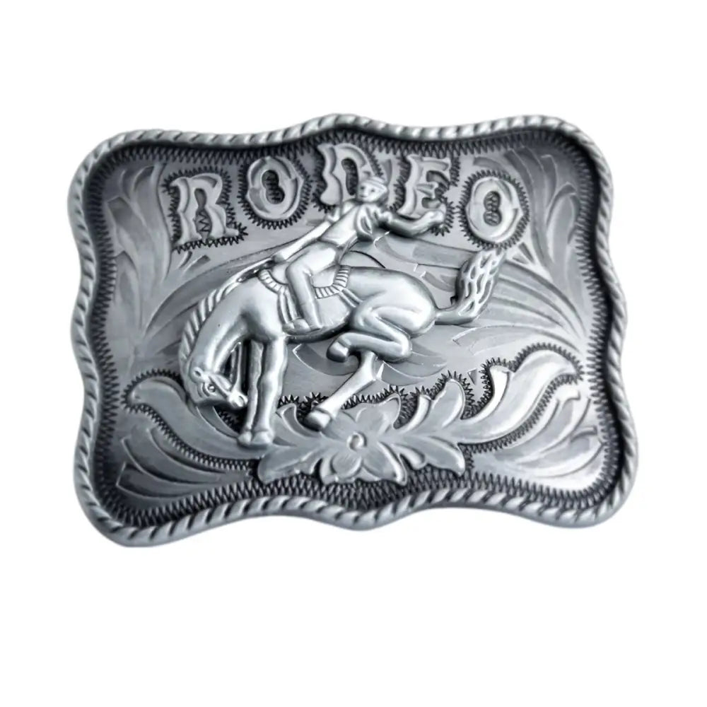 Aged silver metal belt buckle featuring a detailed rodeo design for western style