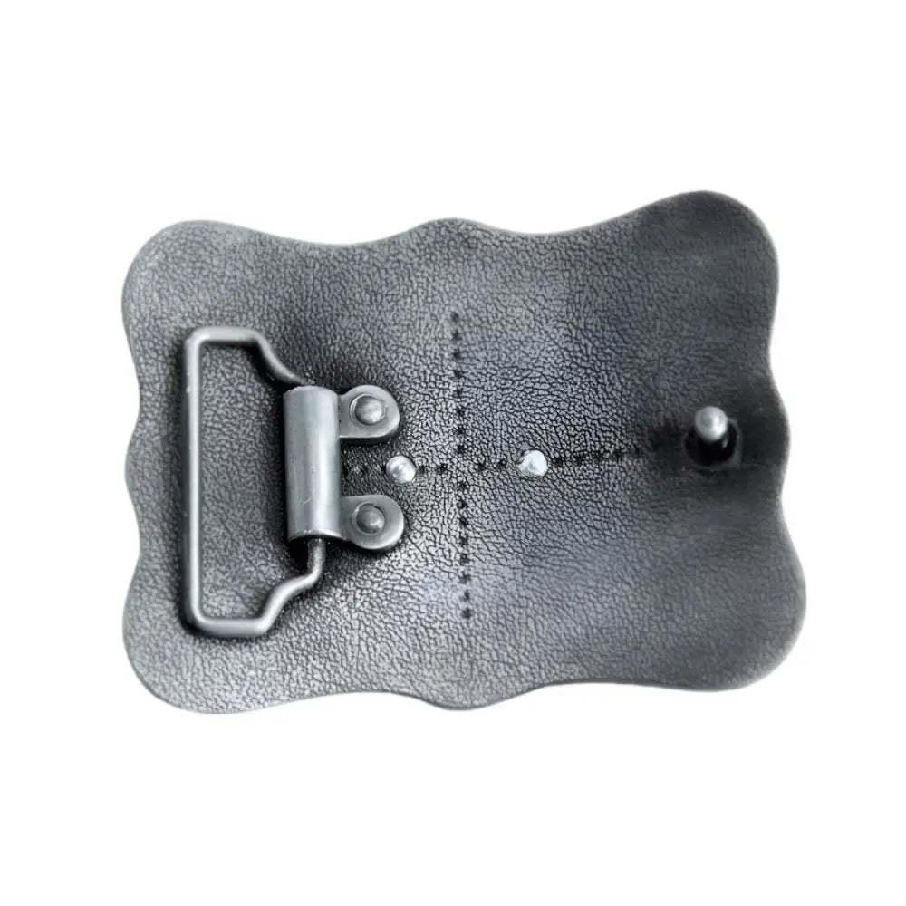 Aged silver metal belt buckle featuring a stylish rodeo design and sturdy back view