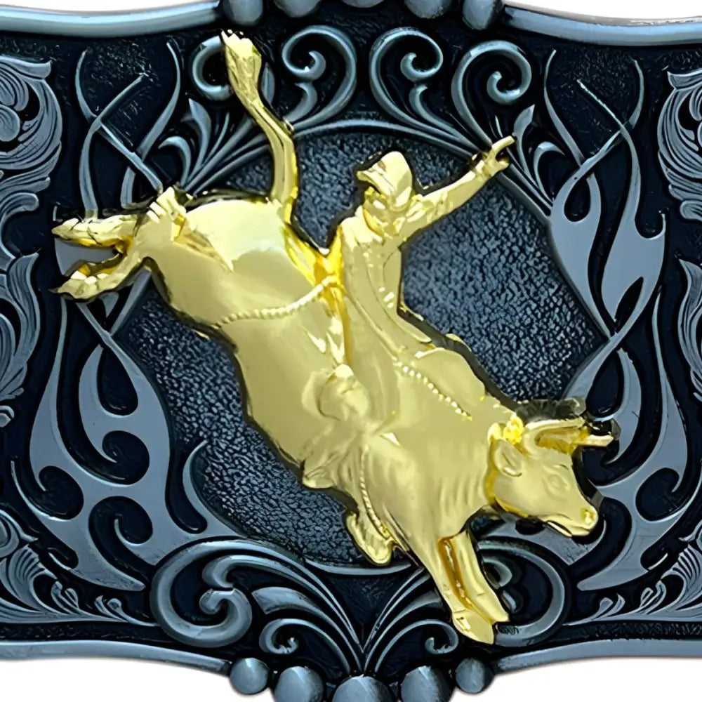 Gold Rodeo Epic ornate belt buckle featuring a bull riding design for Cowgirl and Cowboy styles