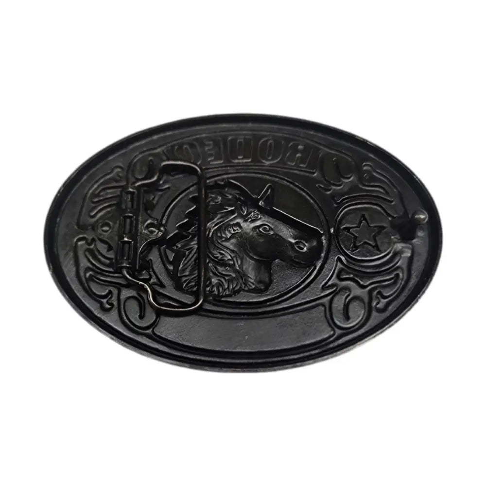 Black horse belt buckle from the Western Spirit Buckle collection, ideal for rodeo fans