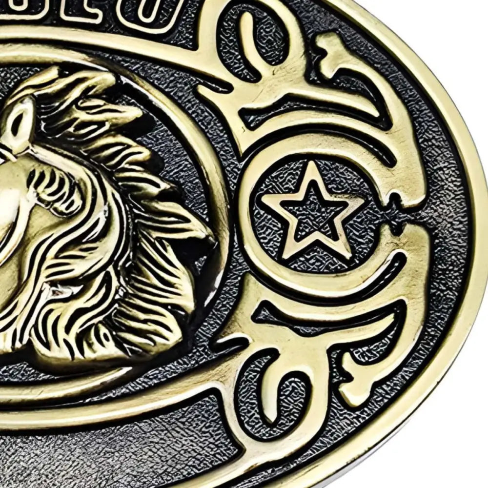 Ornate gold belt buckle featuring horse accent from the Gold Western Spirit Buckle collection