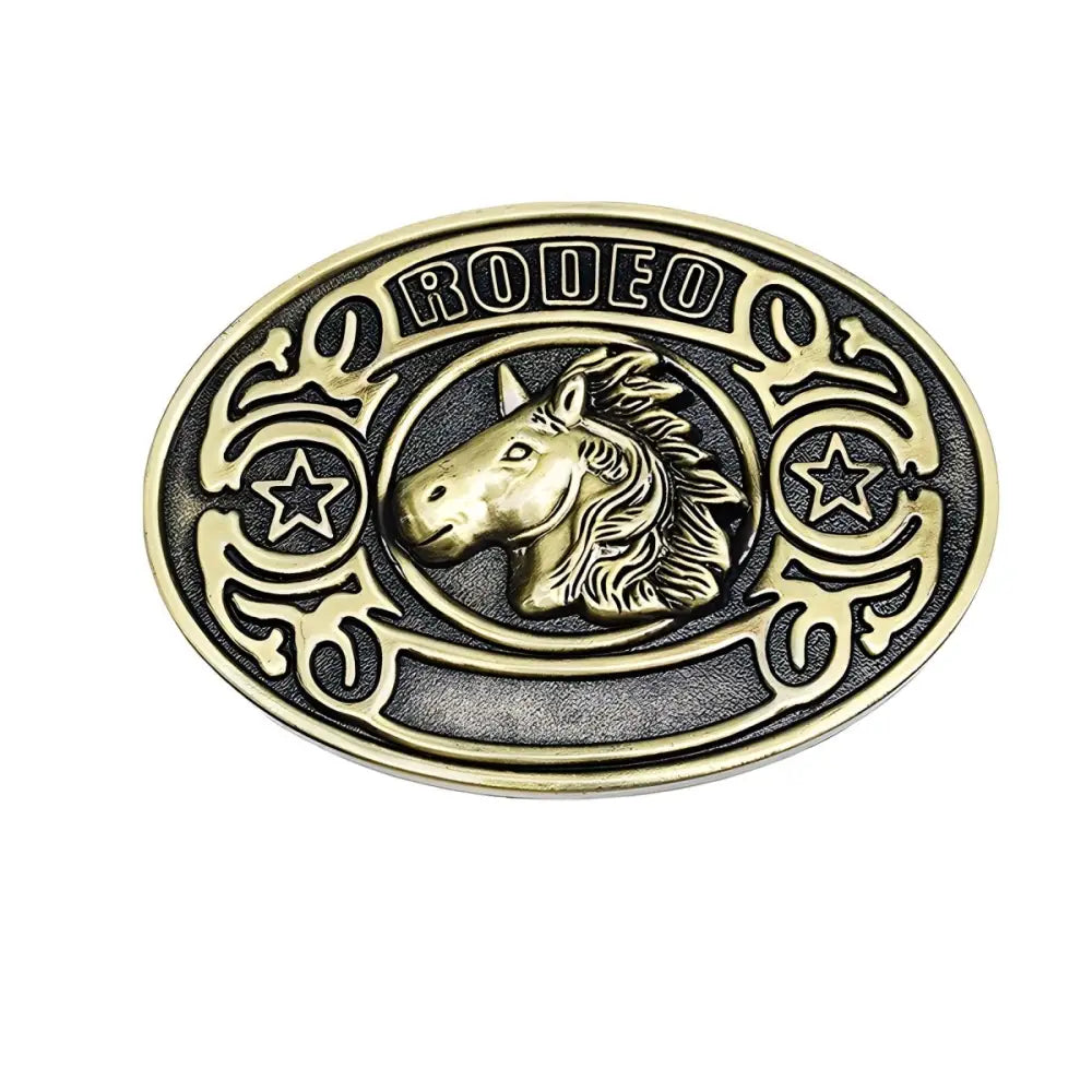 Oval rodeo belt buckle featuring Western Spirit design with horse accent, ideal for cowboy attire