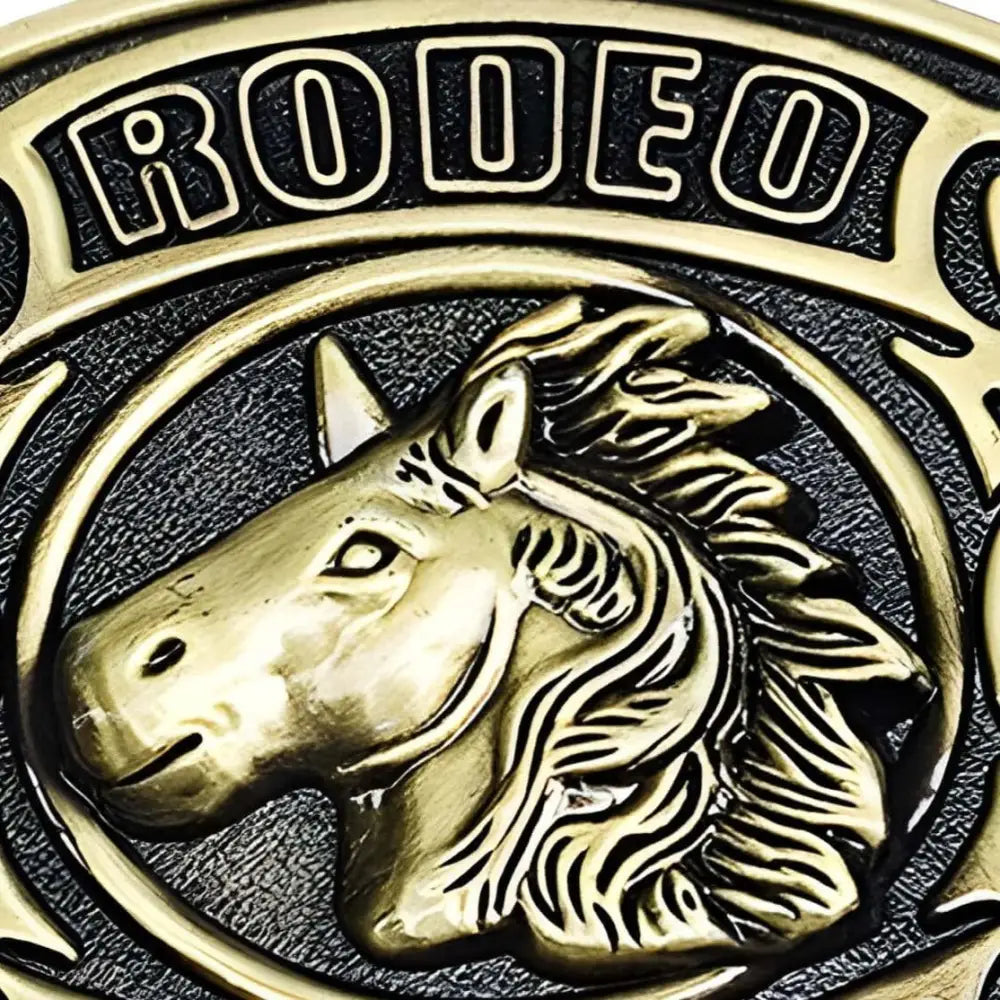 Gold Western Spirit Buckle with Horse Accent for Rodeo and Heritage featuring a western spirit buckle