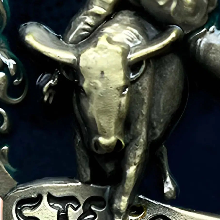 Metal bull with rider demonstrating steer wrestling for Bronze Western Steer Wrestling Belt Buckle