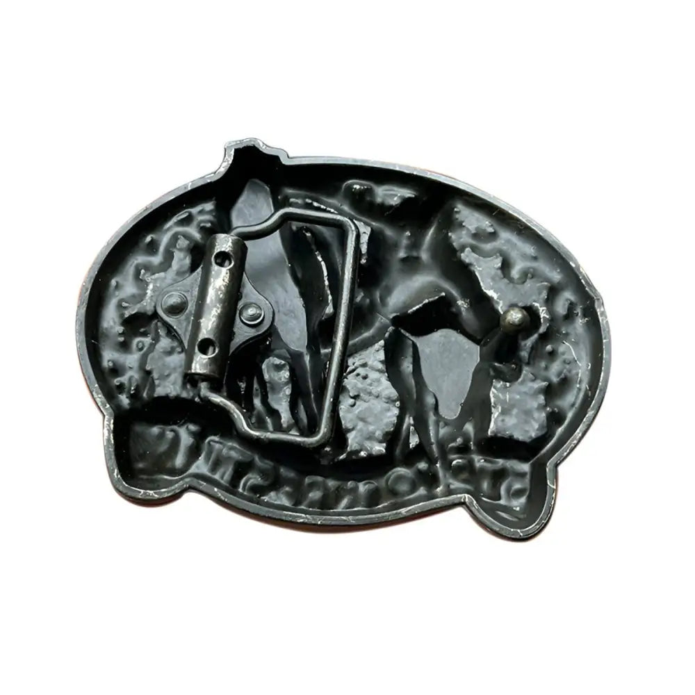 Metal belt buckle for Western steer wrestling and cowboy enthusiasts