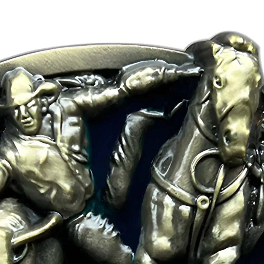 Bronze-colored cowboy and horse belt buckle featuring steer wrestling design for Western steer wrestling enthusiasts