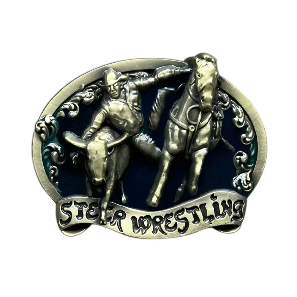 Bronze Western Steer Wrestling Belt Buckle for Cowboy and Horse Enthusiasts