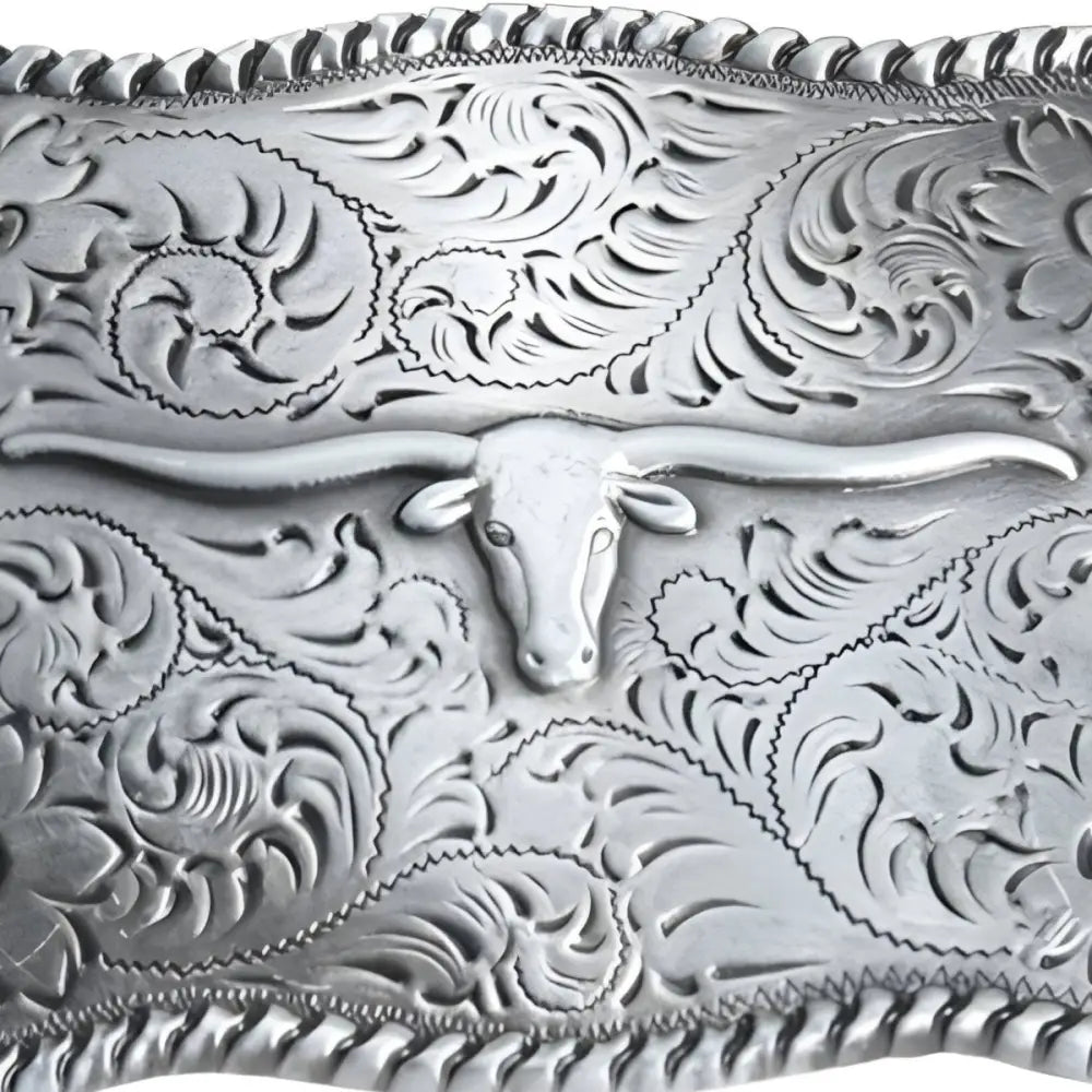 Silver Longhorn Belt Buckle with Floral Design showcasing a stylish belt buckle accessory