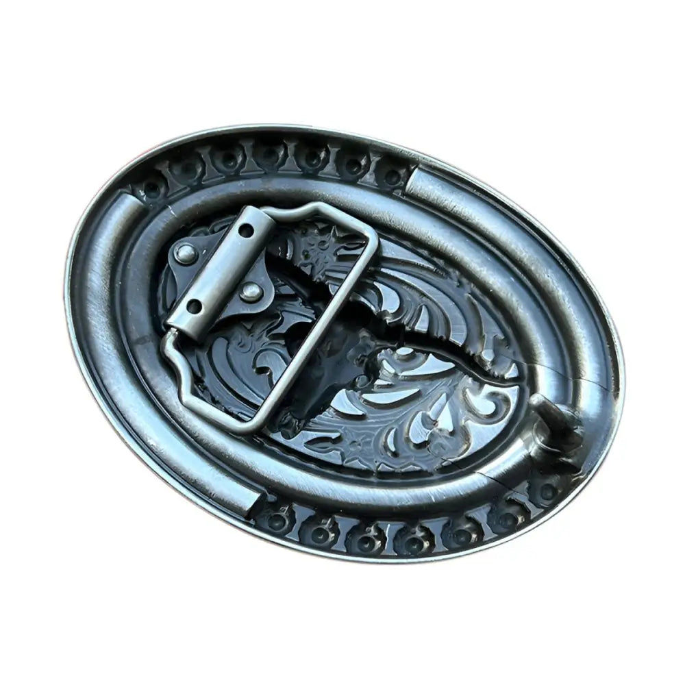 Oval metal belt buckle featuring Steer Skull design for Western Style fashion