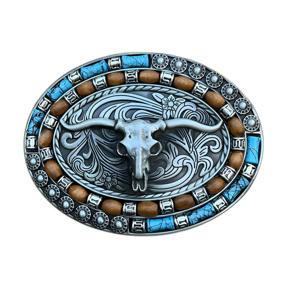Oval belt buckle with steer skull design for Western style western belt buckle fashion