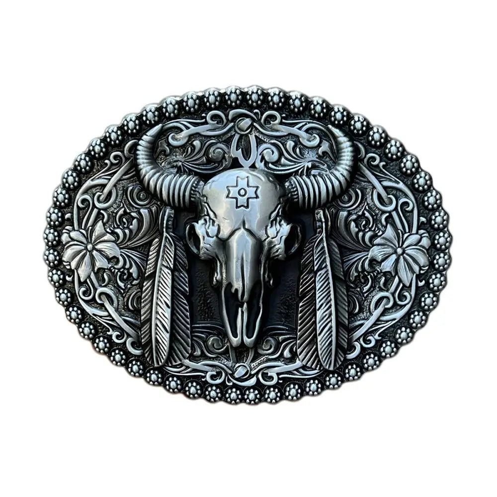 Silver-toned ornate bull skull belt buckle with feather details for western fashion
