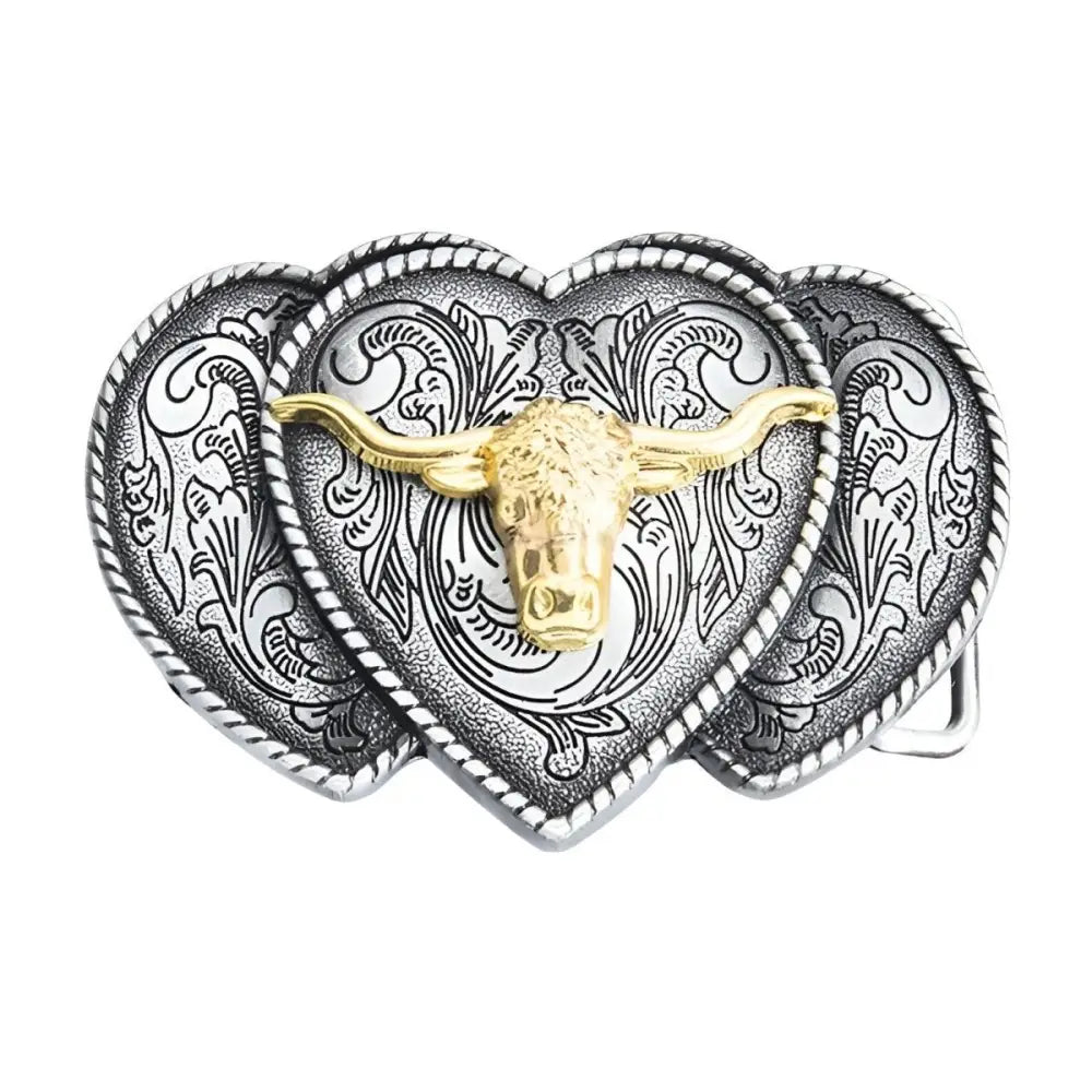 Silver heart-shaped western belt buckle with gold longhorn detail for western belts