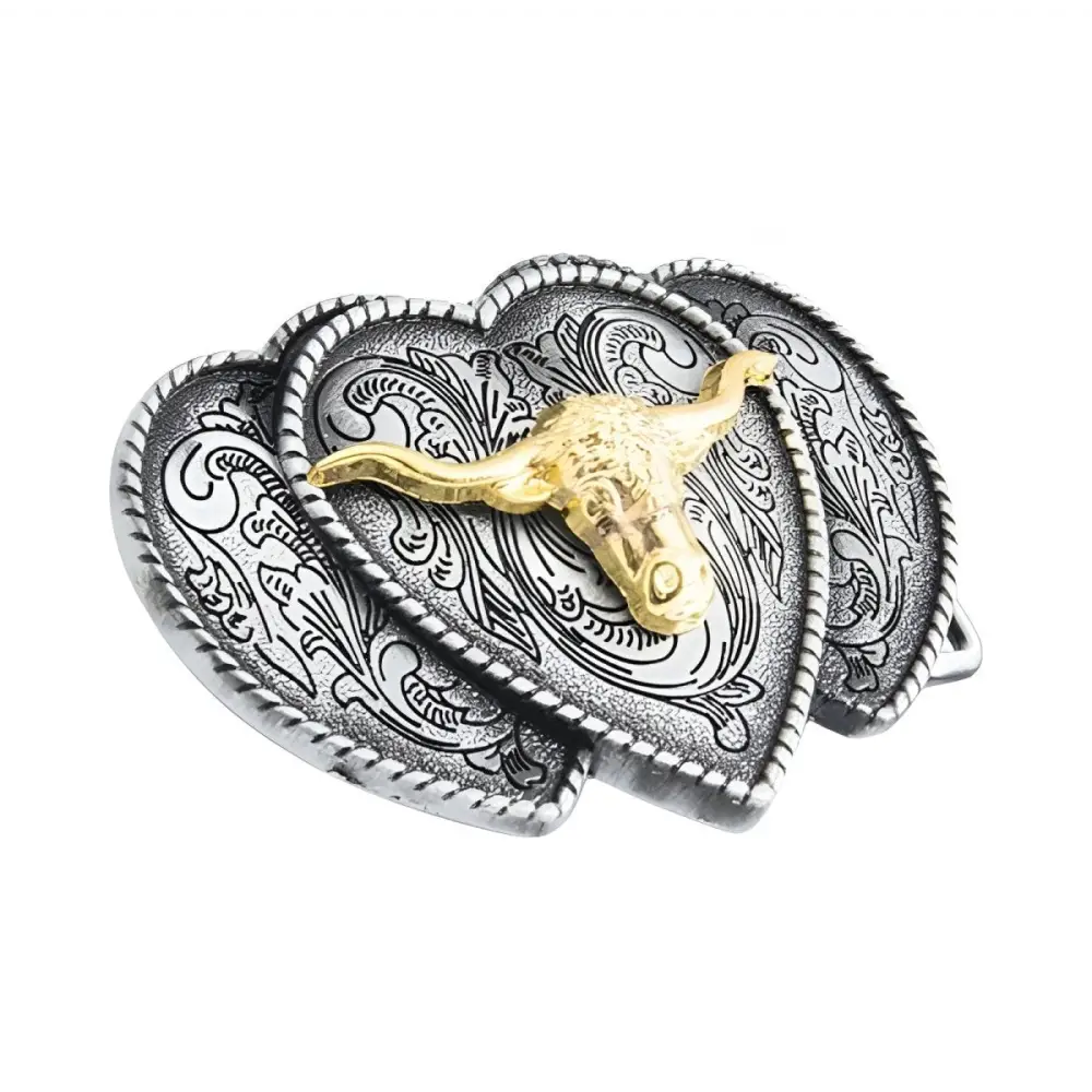 Silver and gold heart-shaped Western belt buckle with Longhorn detail for western belts