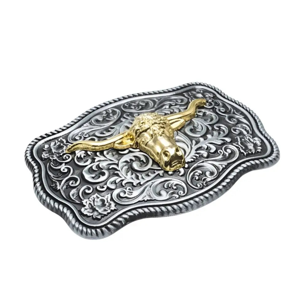 Ornate silver and gold bull’s head belt buckle for a stylish belt accessory