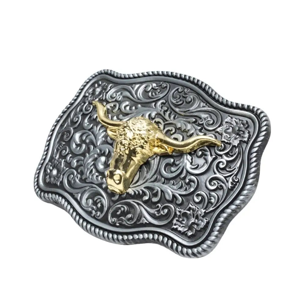 Ornate silver and gold belt buckle featuring a detailed bull’s head design