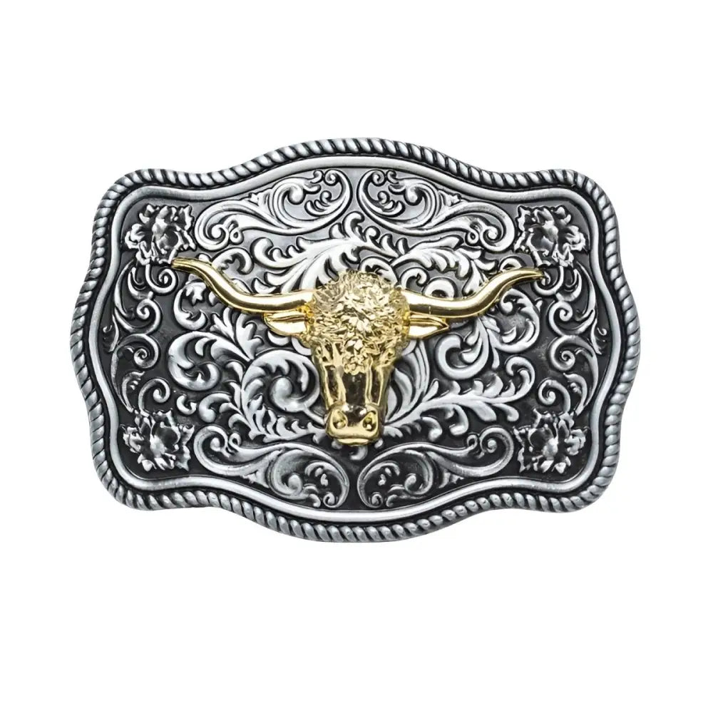 Ornate silver and gold bull’s head belt buckle showcasing intricate craftsmanship