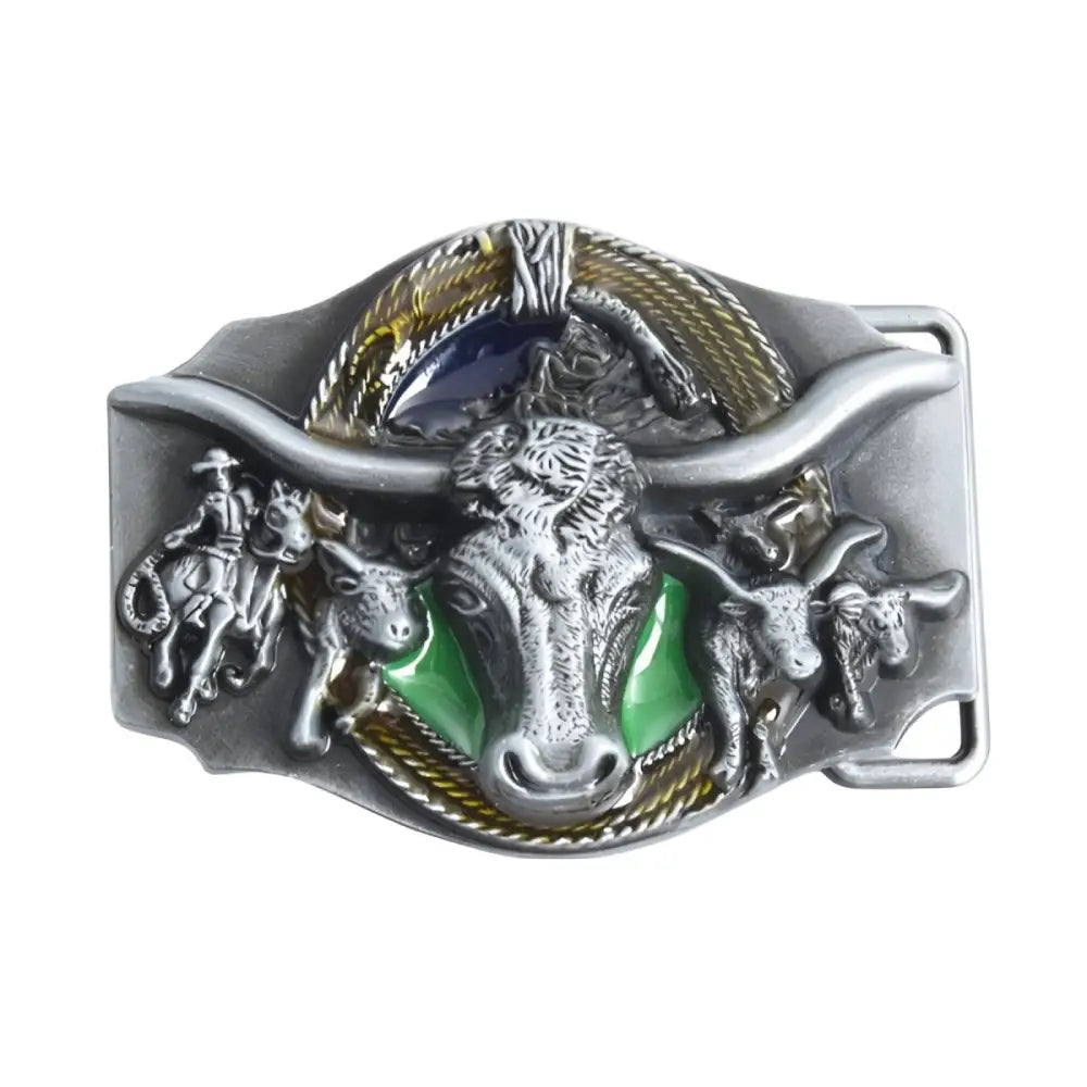 Western-themed silver belt buckle with metal back for stylish Western attire