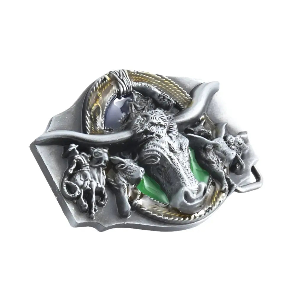 Silver-toned bull-themed belt buckle with metal back for Western style accessories