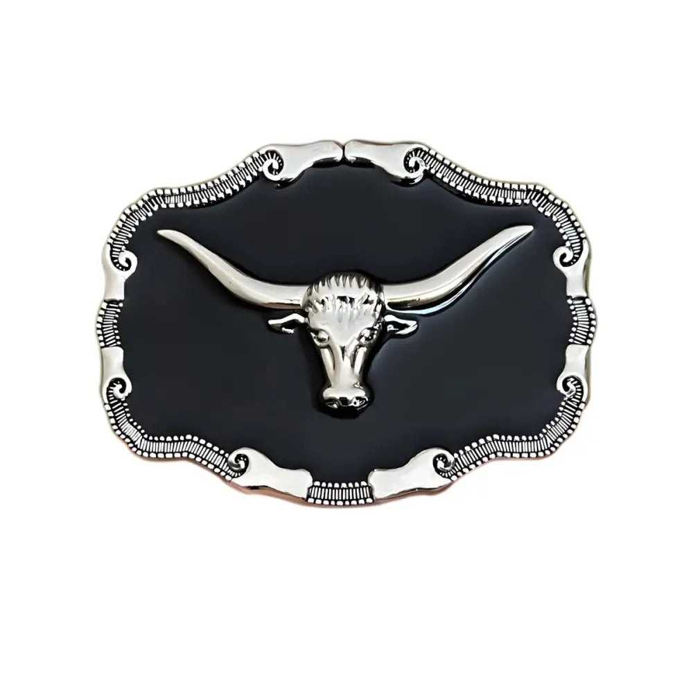 Black and silver longhorn belt buckle for Western style attire