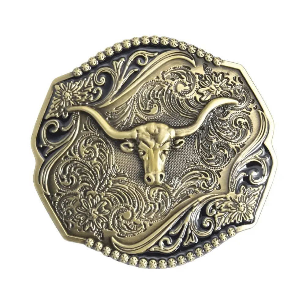 Ornate gold-toned belt buckle for Cyrus belt featuring intricate bull design