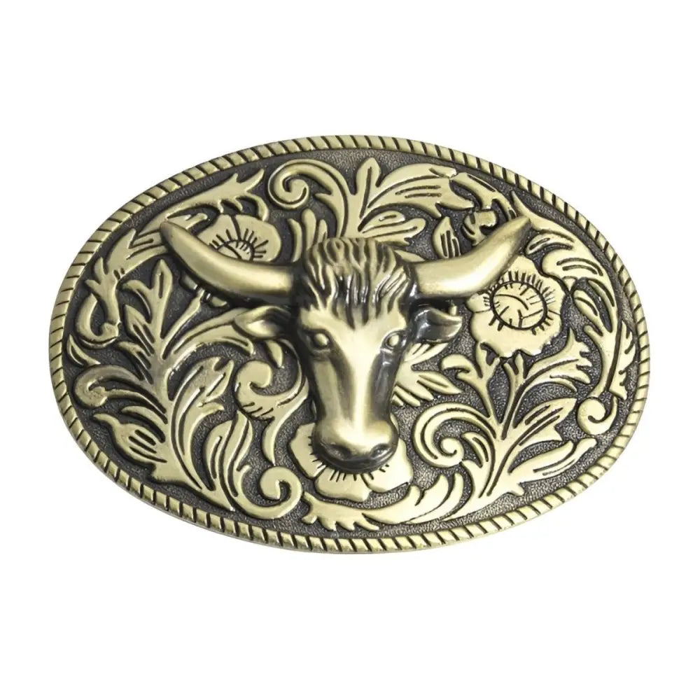 Ornate bull head oval belt buckle showcasing intricate metalwork and craftsmanship