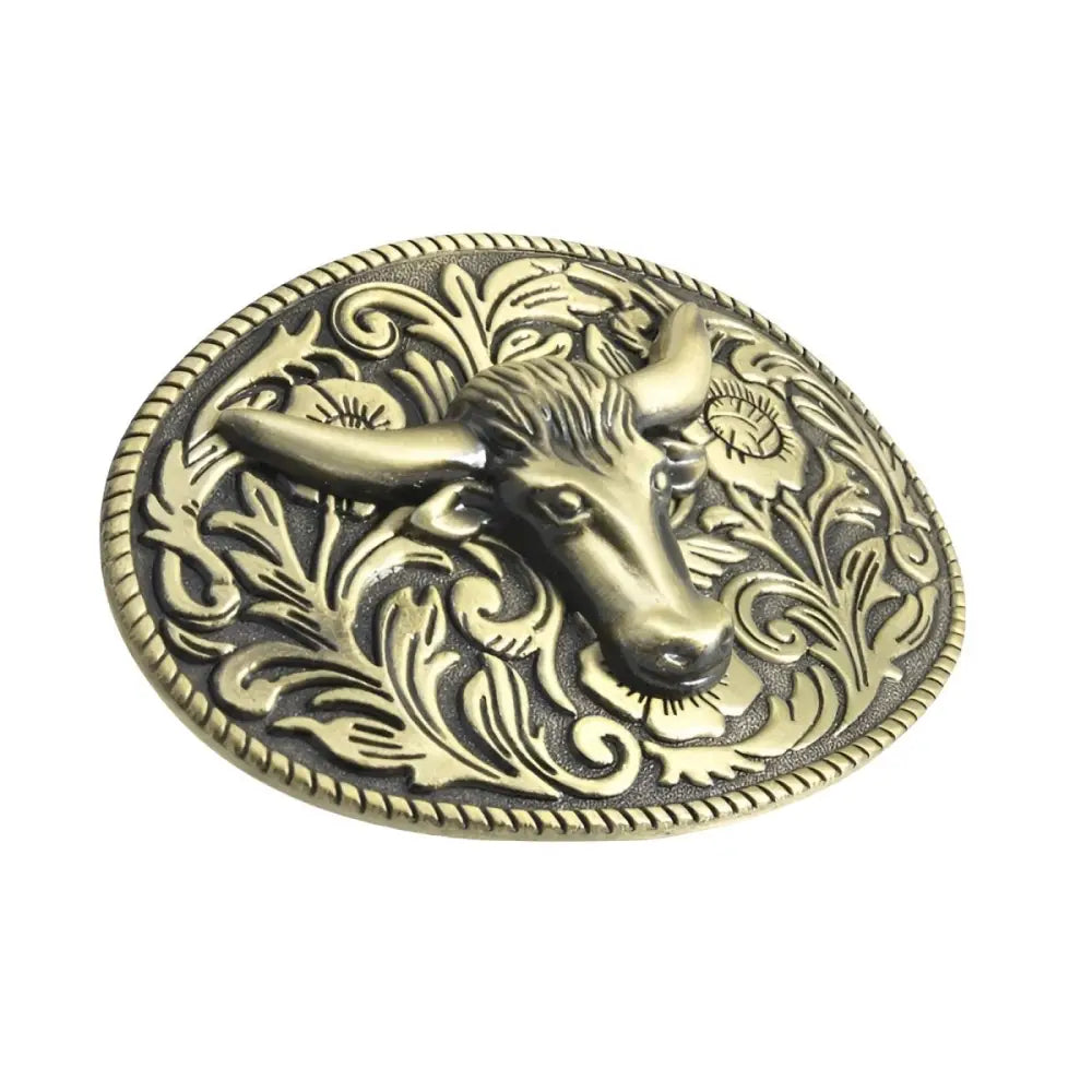 Ornate Bull Head Oval Belt Buckle with detailed craftsmanship and intricate design