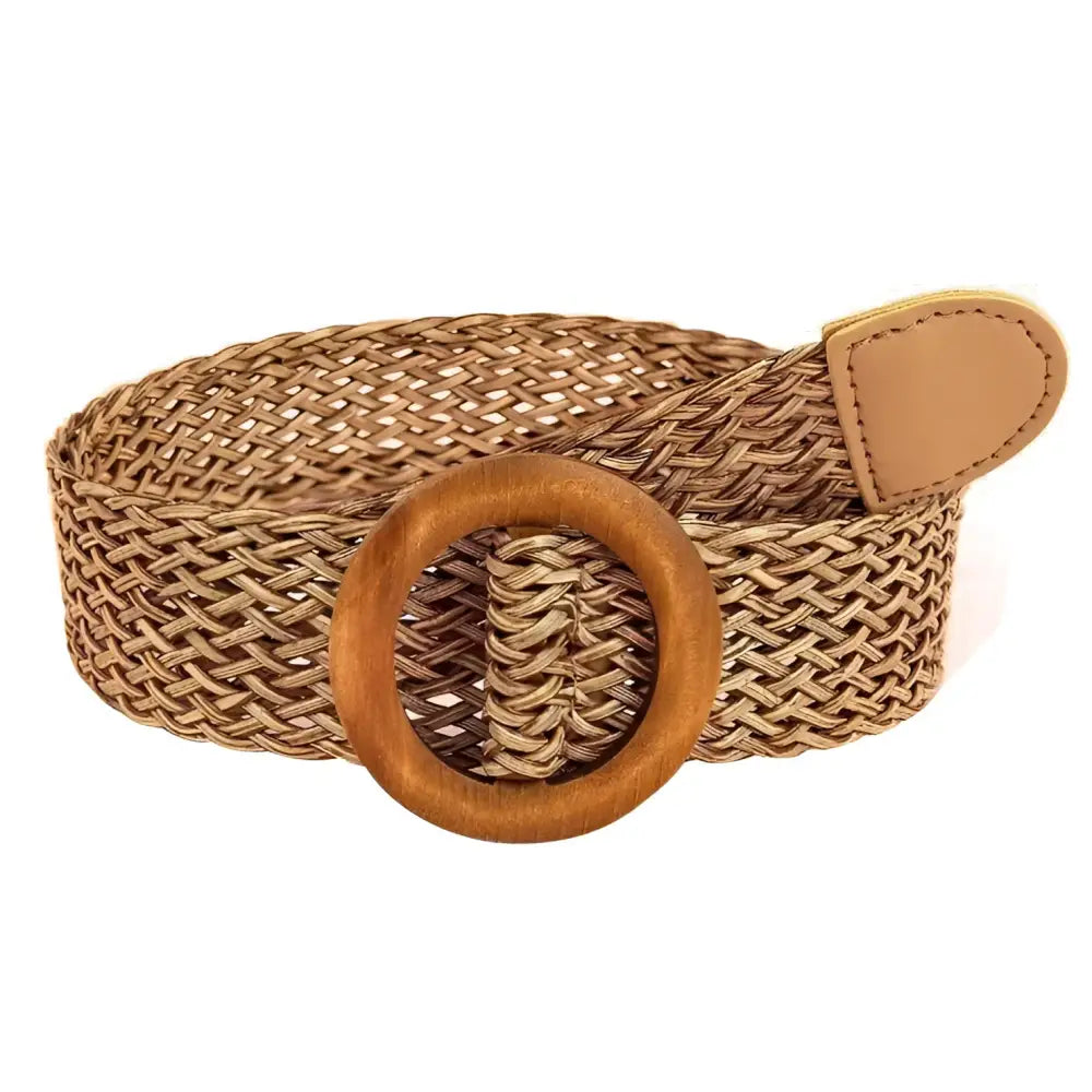 Braided belt featuring a wooden ring buckle for stylish accessories