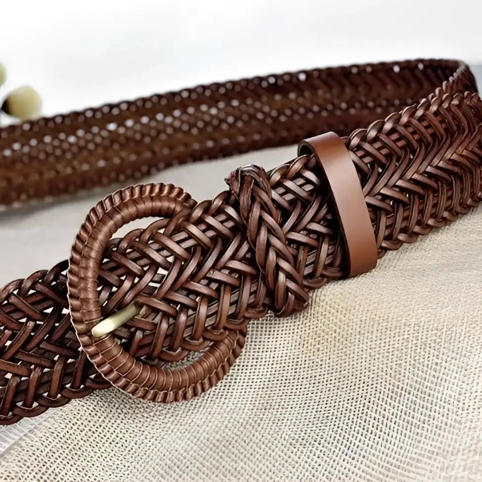 Braided brown leather belt with a circular buckle for men’s fashion