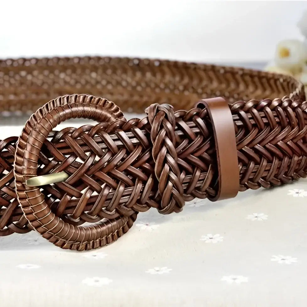 Braided brown leather belt with circular buckle for stylish men’s accessory