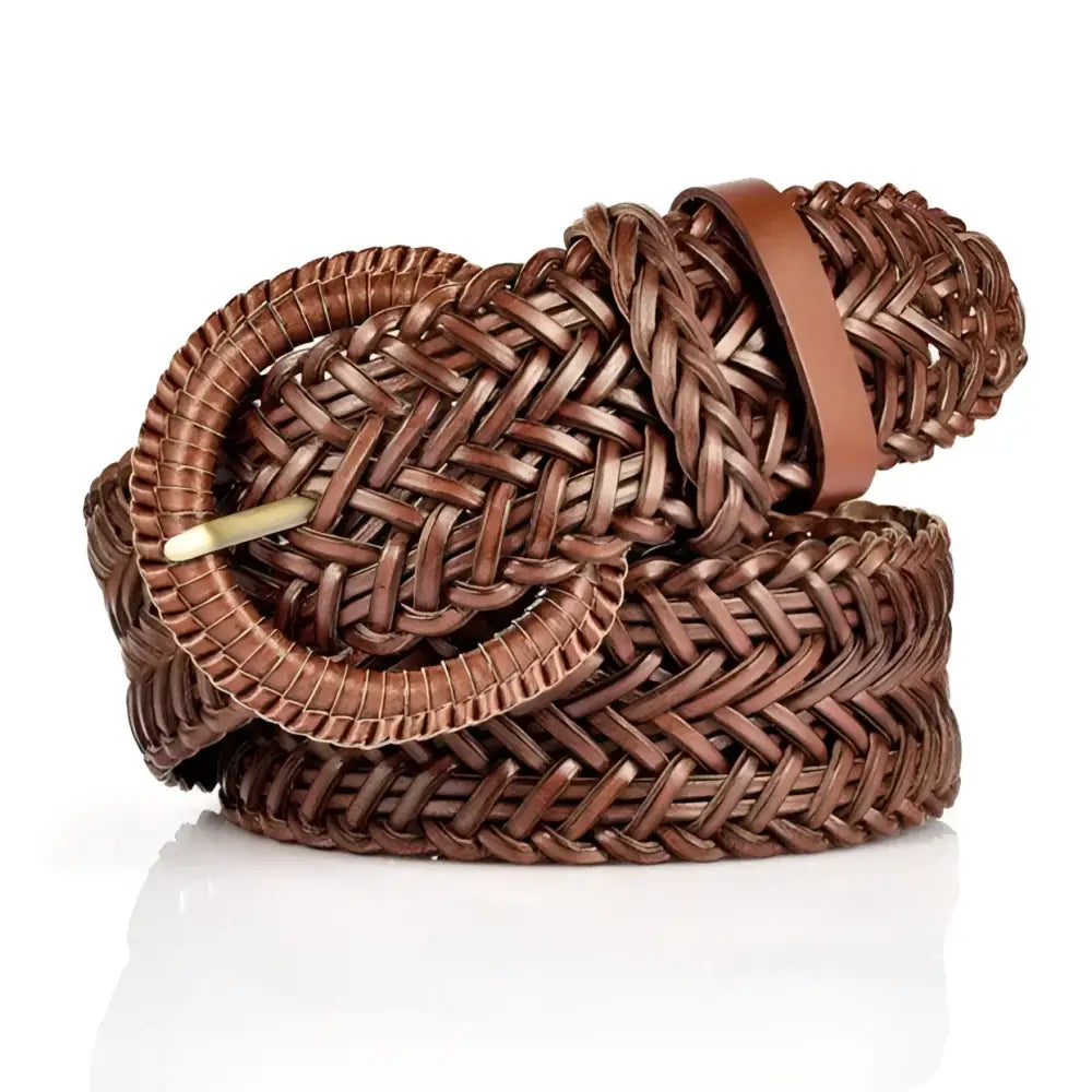 Braided Brown Leather Belt with Circular Buckle displayed in a product image