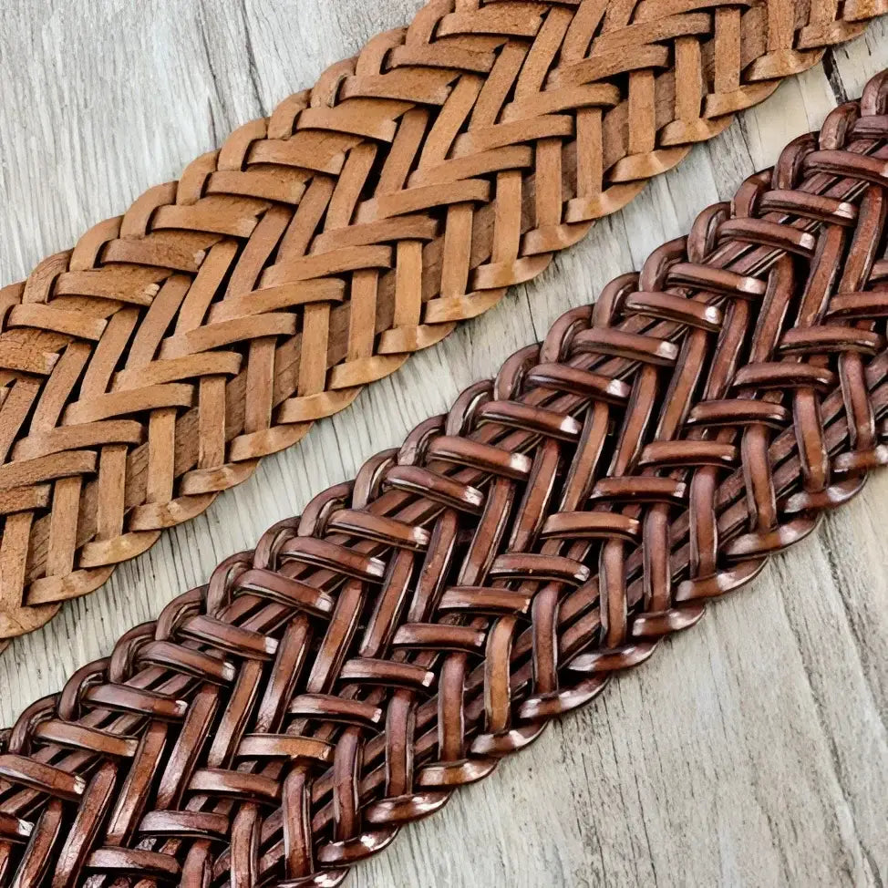 Braided Brown Leather Belt with Circular Buckle displayed as a fashion accessory