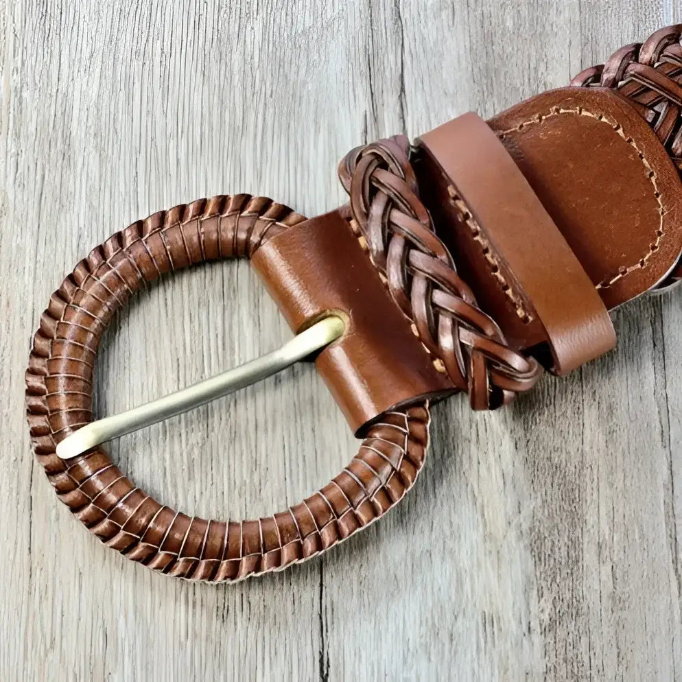 Braided brown leather belt with circular buckle suitable for formal and casual wear