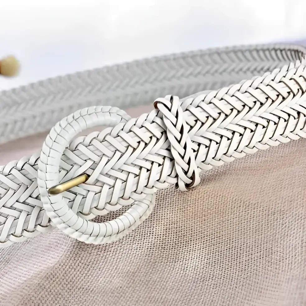 White braided leather belt with round buckle for stylish men’s fashion accessories
