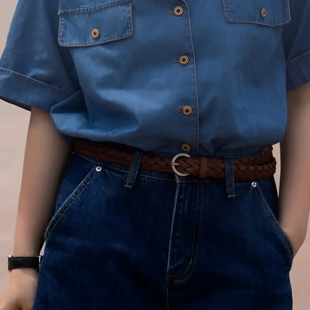 Denim shirt and jeans with a braided Burgundy and Brown Leather Belt for denim shorts