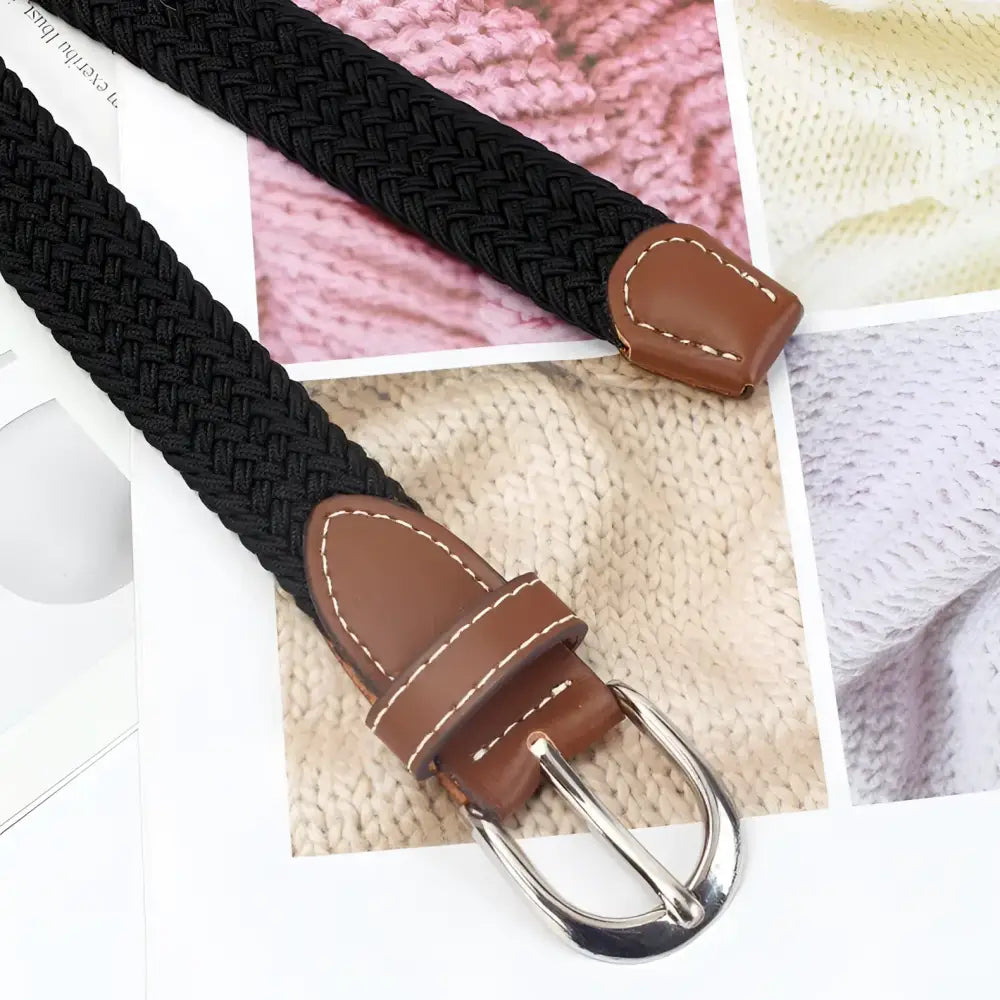 Braided elastic belt with brown leather accents and silver buckle for stylish wear