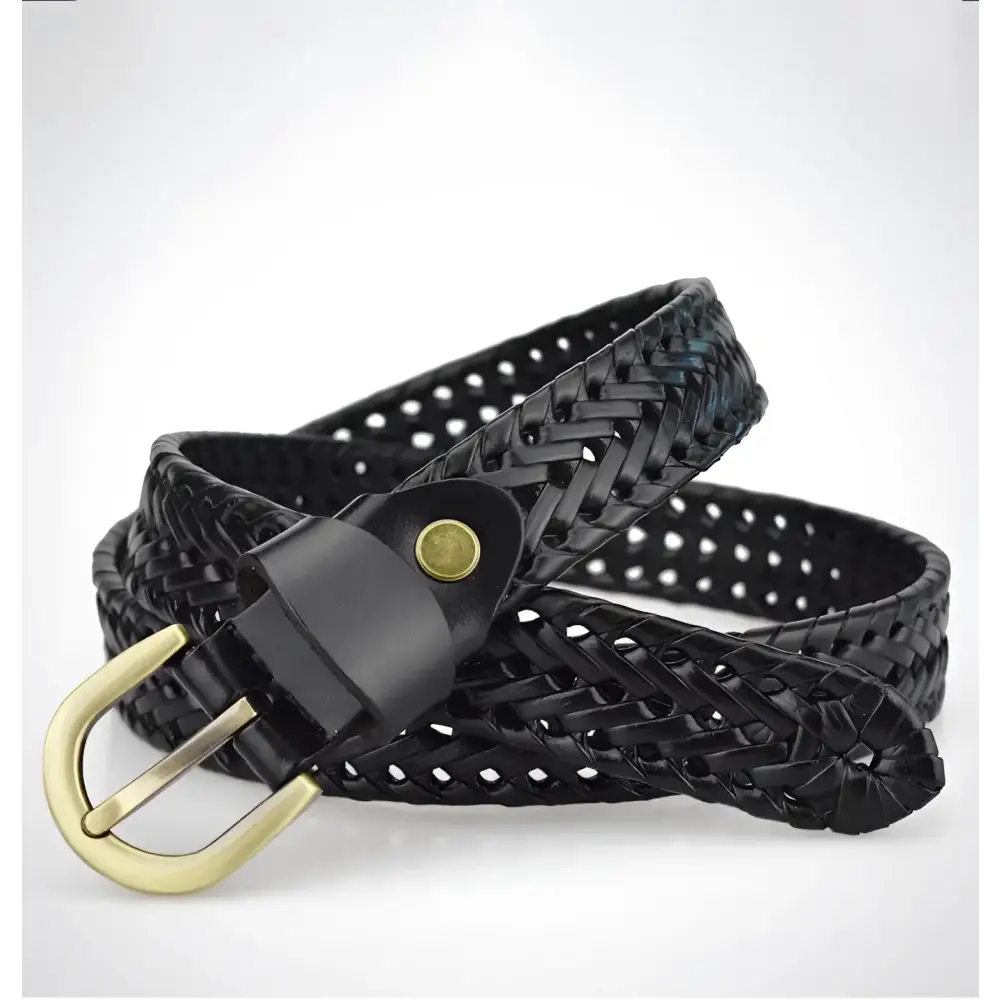 Braided black leather belt with gold metal buckle for stylish accessories
