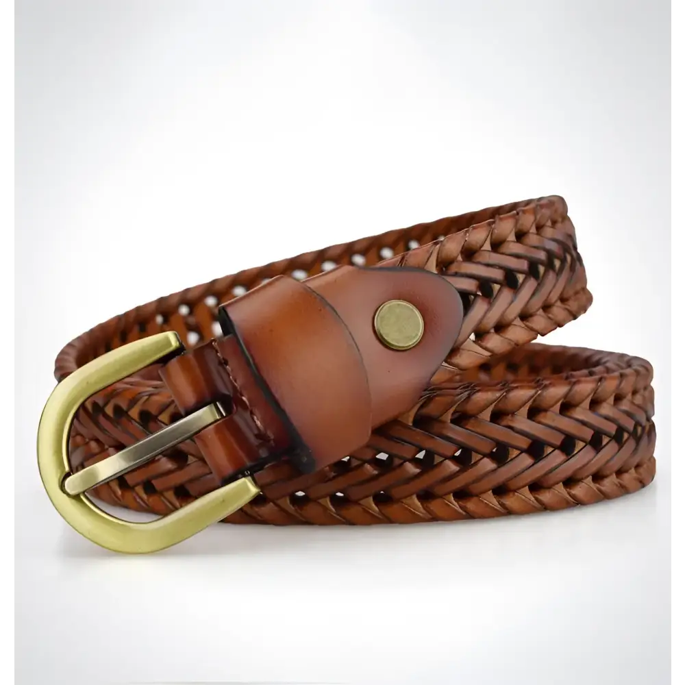 Braided brown leather belt with brass metal buckle for Men and Women