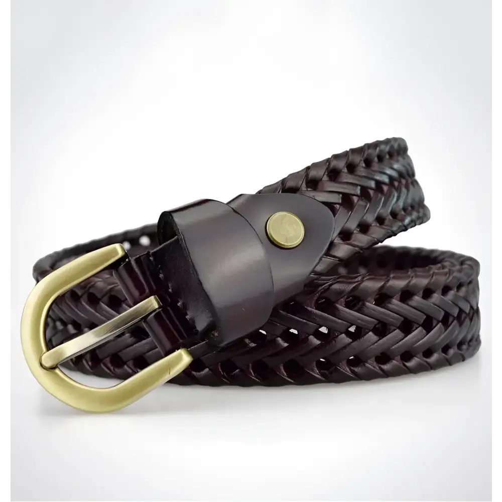 Braided brown leather belt with a brass metal buckle for a stylish and durable accessory