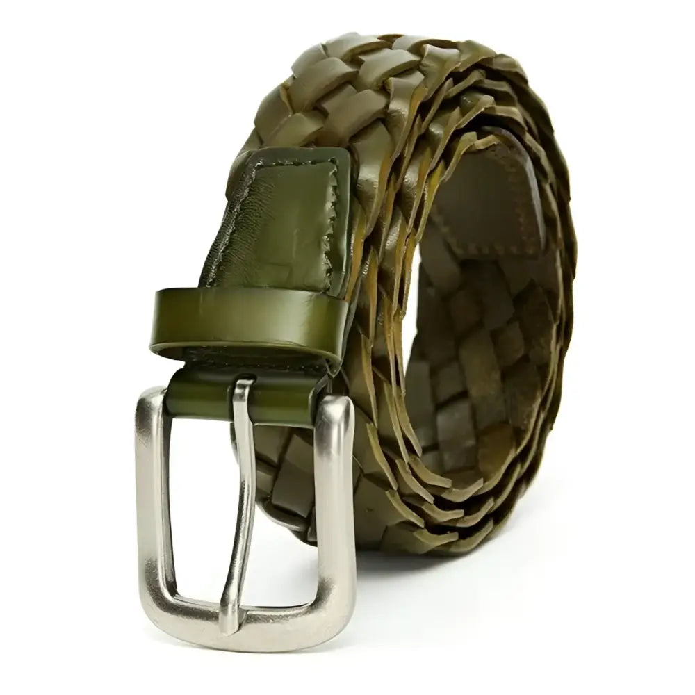 Braided green leather belt with silver buckle from Braided Leather Belts with Metal Buckles in Brown and Green