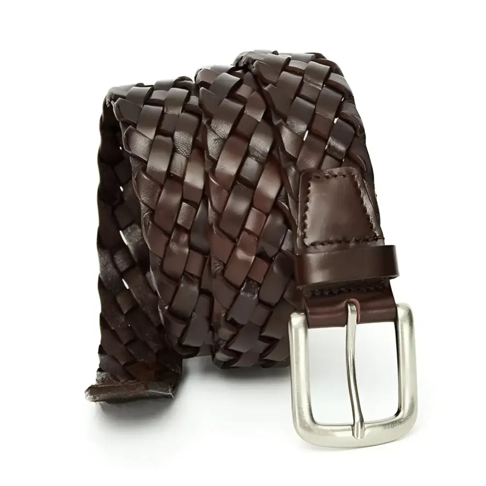Braided brown leather belt with silver metal buckle displayed for the product Braided Leather Belts with Metal Buckles in Brown and Green