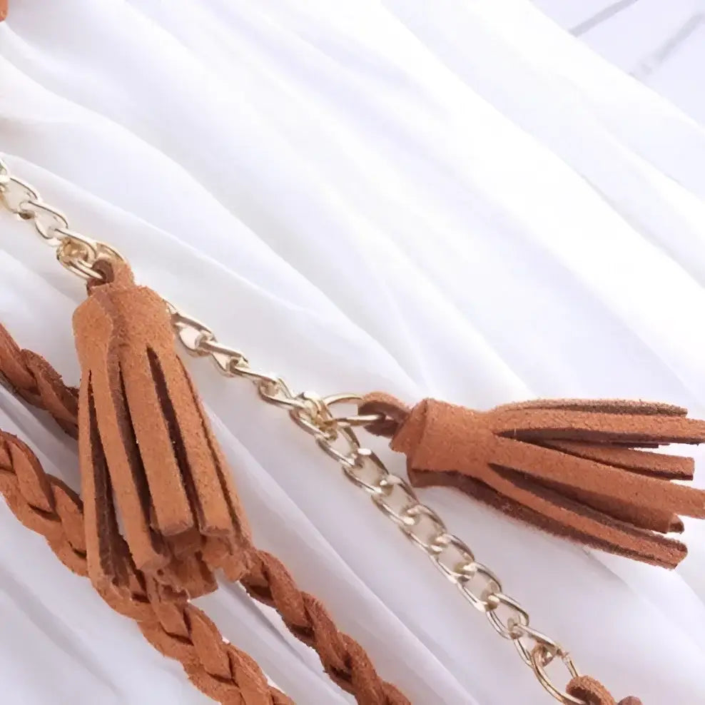 Brown braided belt with gold chain and tassels from Braided Tassel Necklaces and Belts in Brown