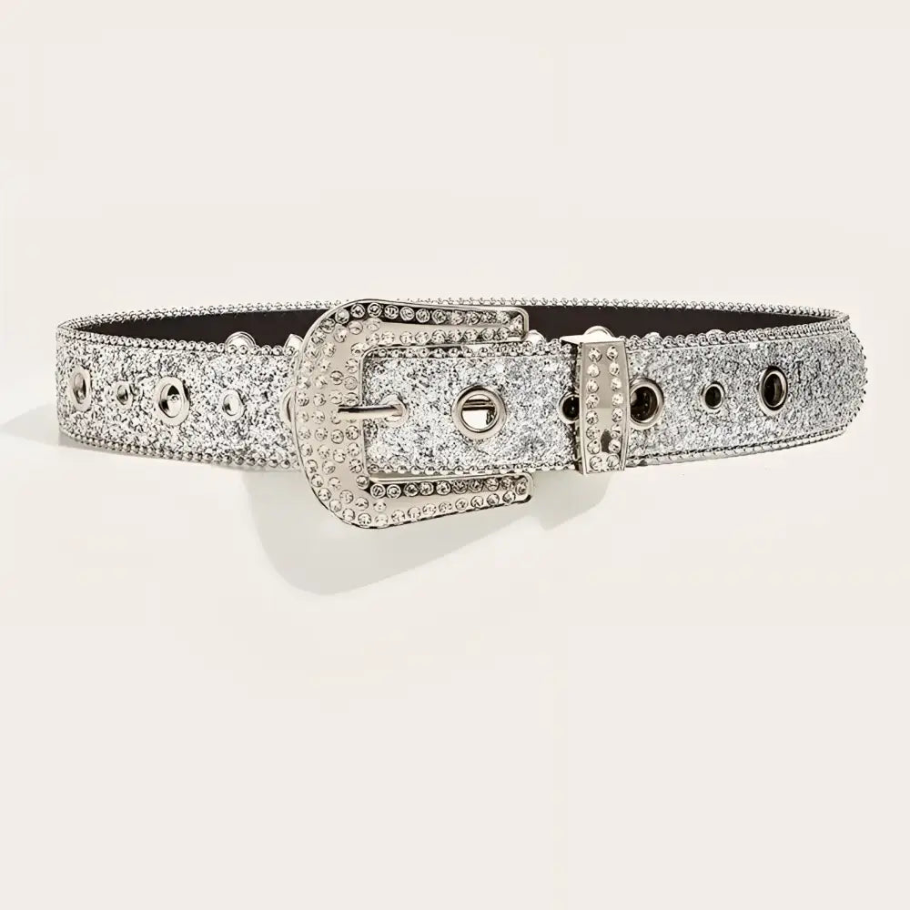 Sparkly silver Briella Sequin Western Belt with jeweled rhinestone buckle for elegant style