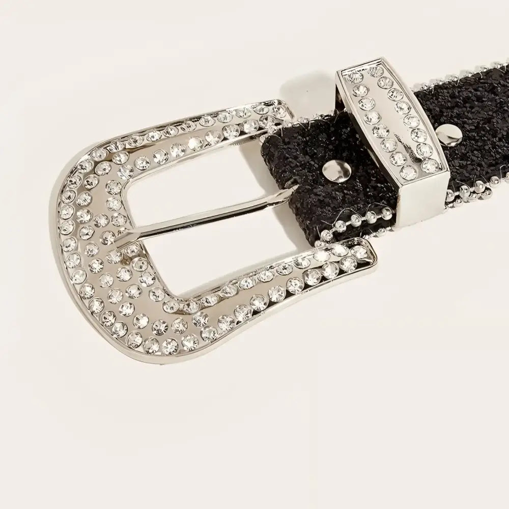 Rhinestone-studded black belt with silver buckle from Briella Sequin Western collection