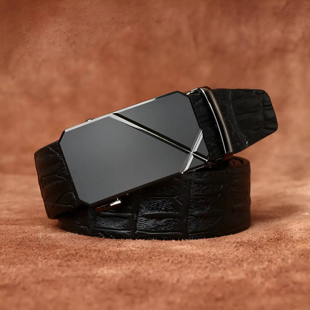 Black crocodile leather belt with geometric buckle for elegant men’s accessories