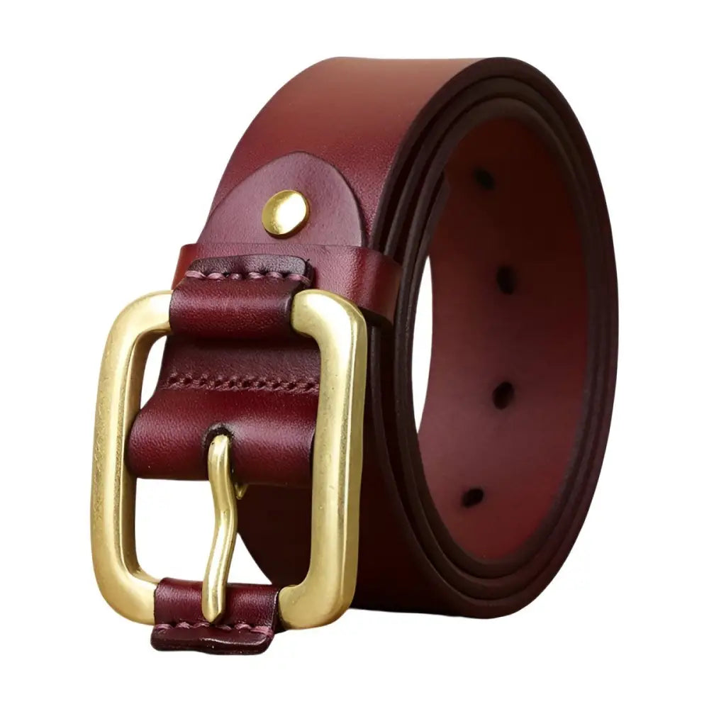 Brown Leather Belt with Brass and Gold Buckle featuring Burgundy leather and polished finish