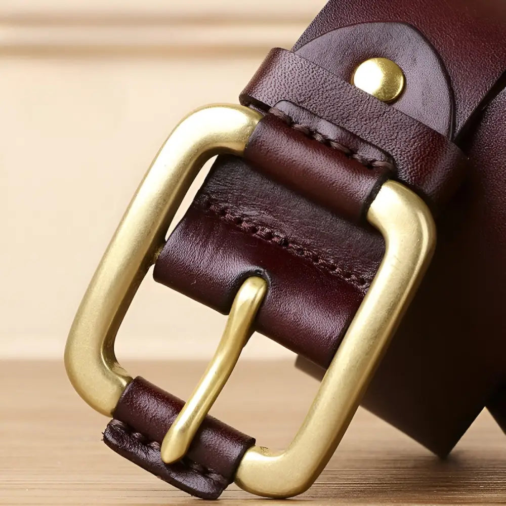 Brown Leather Belt with Brass and Gold Buckle for Men and Women