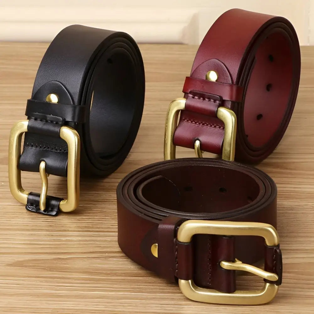 Brown leather belt with brass and gold buckle displayed for the product Brown Leather Belt with Brass and Gold Buckle