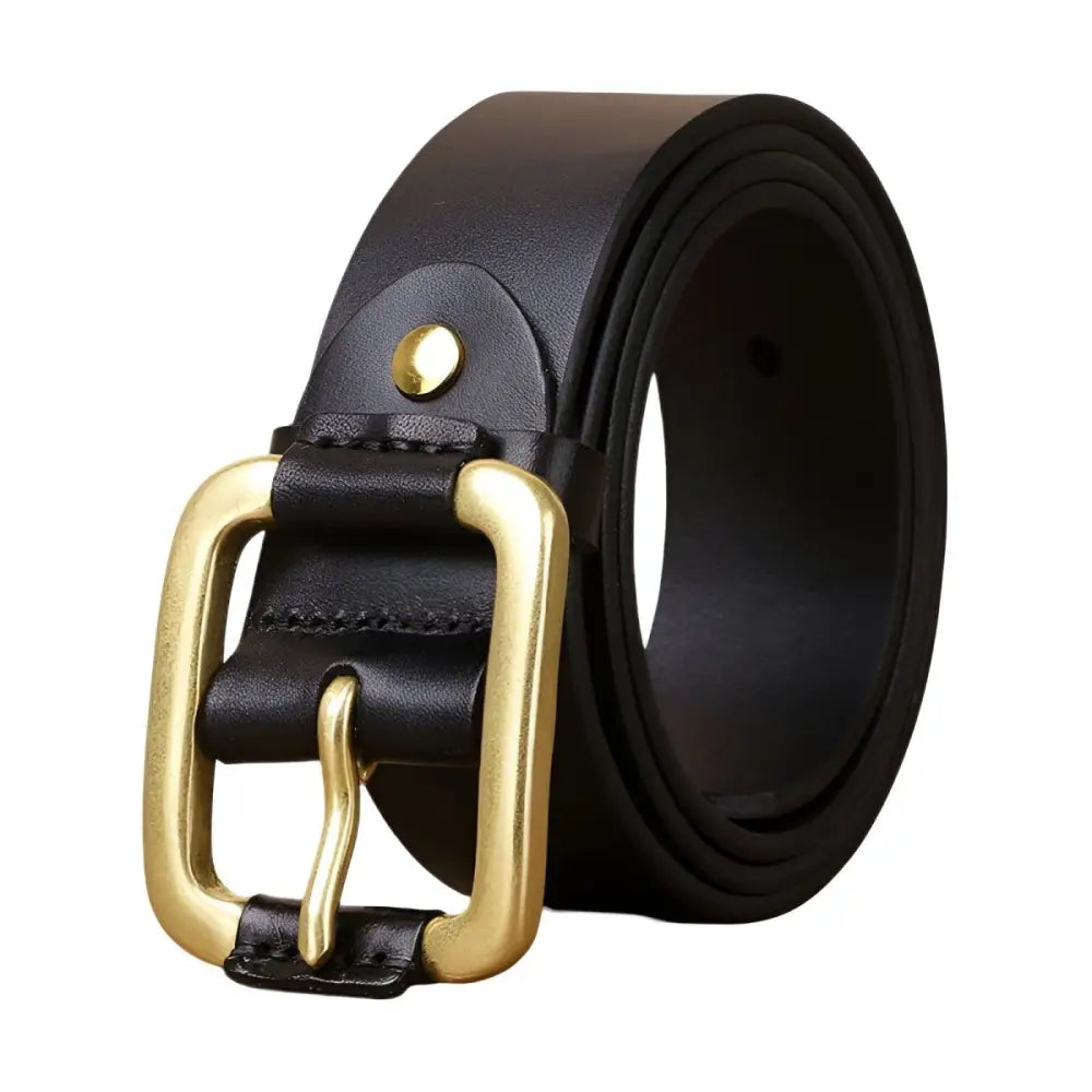 Black leather belt with a gold buckle from the Brown Leather Belt with Brass and Gold Buckle collection