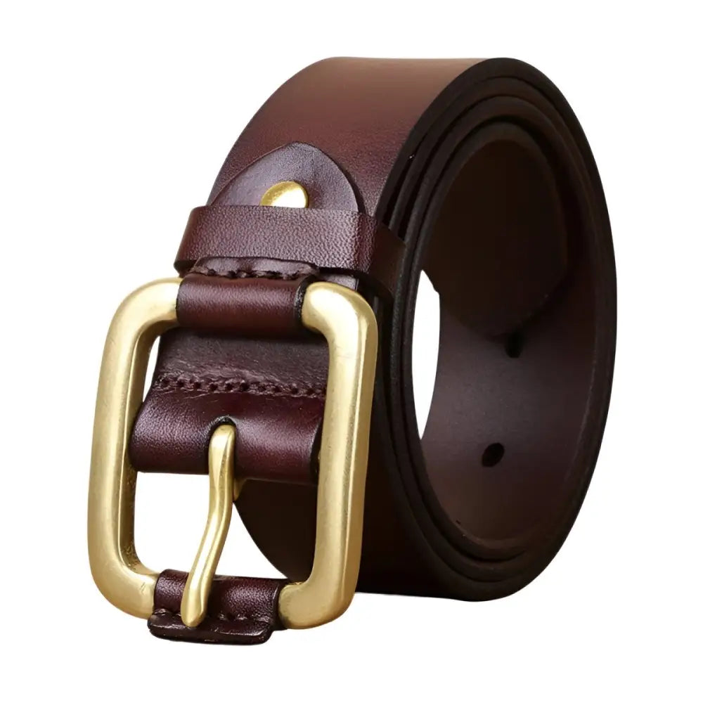 Brown leather belt with brass and gold buckle for men and women